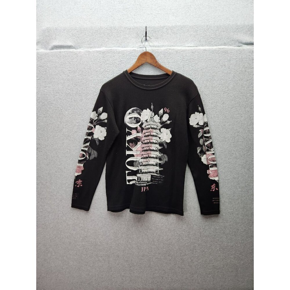Tokyo Graphic Long Sleeve Shirt By Weekend Warrior  M  Black Waffle Knit Cotton